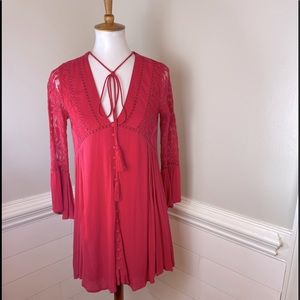 Chelsea & Violet Red Lace, Button and Tassel Tie Detail Dress XS FREE SHIP